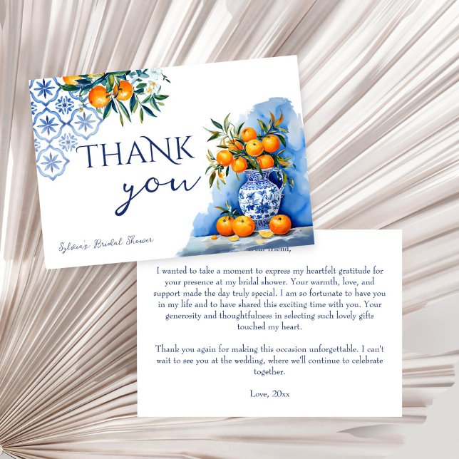 Cartão De Agradecimento Chuva de noiva em azul Talavera com paisagem chine (Talavera blue chinoiserie oranges citrus vintage Mexican Spanish bridal shower thank you card)