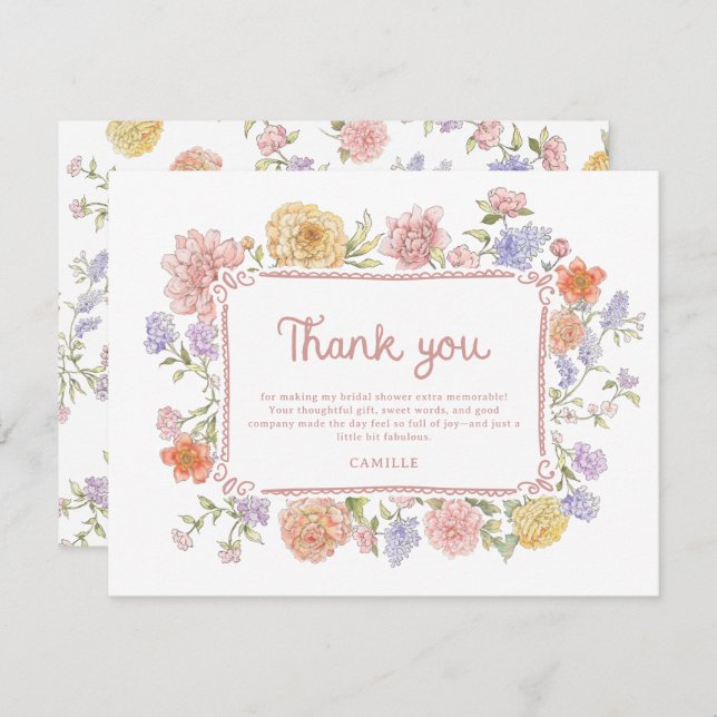 Cartão De Agradecimento Chuva de Noiva Floral Caprichosa (Frente/Verso)