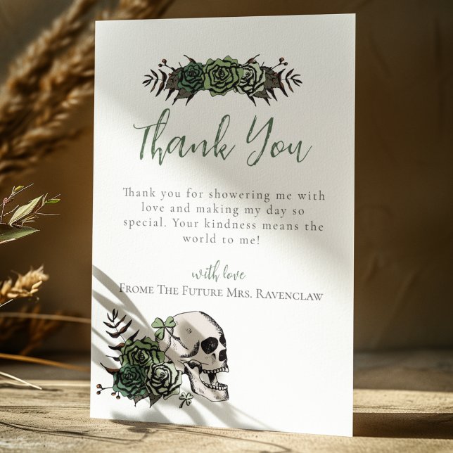 Cartão De Agradecimento Chuva de Noiva Floral Caveira Rosas Verdes Góticas (Elegant Irish Gothic Thank You Card for Bridal Shower or St. Patrick's Day. Hand Drawn Skull & Roses)
