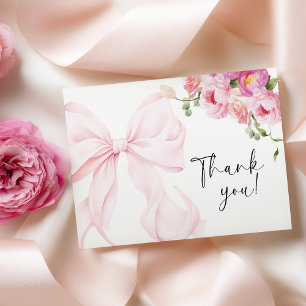 Cartão De Agradecimento Chuva de Noiva Floral com Laço Rosa