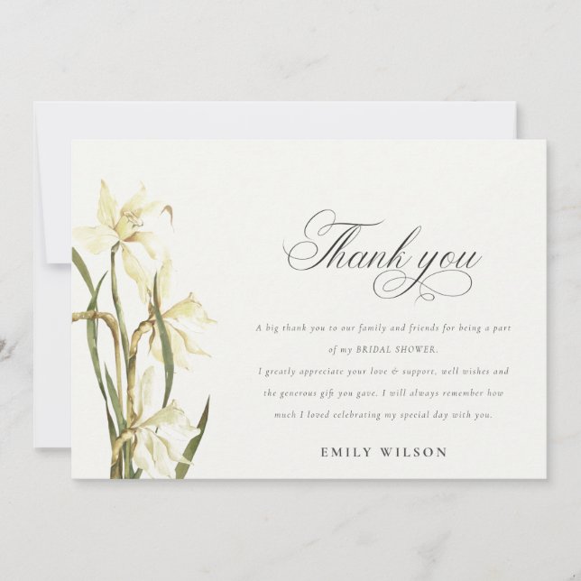 Cartão De Agradecimento Chuva de Noiva Floral de Narciso Branco em Aquarel (Frente)
