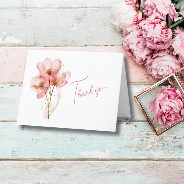 Cartão De Agradecimento Chuva de Noiva Floral Elegante em Aquarela Rosa (Pink Floral watercolor Bridal Shower or Wedding Thank you card)
