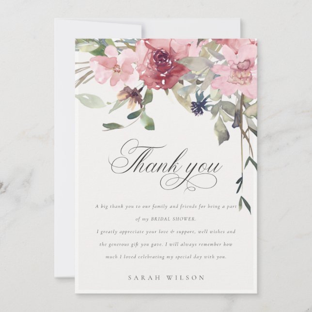 Cartão De Agradecimento Chuva de Noiva Floral Rosa Elegante e Sofisticada (Frente)