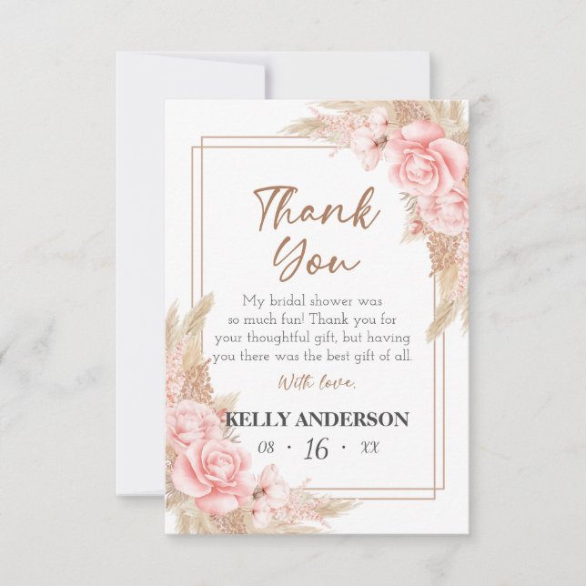 Cartão De Agradecimento Chuva de Noiva Geométrica Boho Pampas Dourado Rosa (Frente)