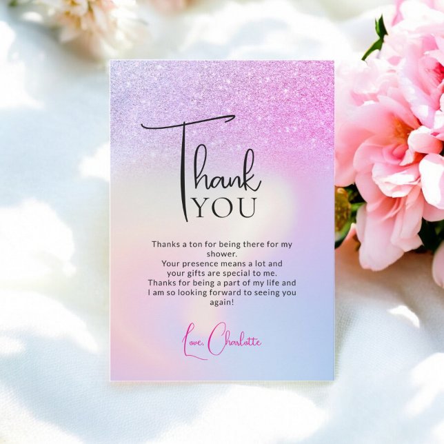 Cartão De Agradecimento Chuva de noiva holográfica com brilho rosa roxo (Pink Purple Glitter Holographic bridal shower Thank You Card)