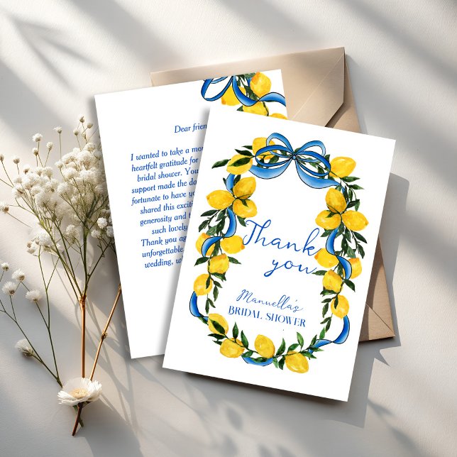 Cartão De Agradecimento Chuva de noiva italiana com fita de laço azul limõ (Lemons blue bow ribbon Italian bridal shower Thank You Cards retro bow and lemons thank you cards)