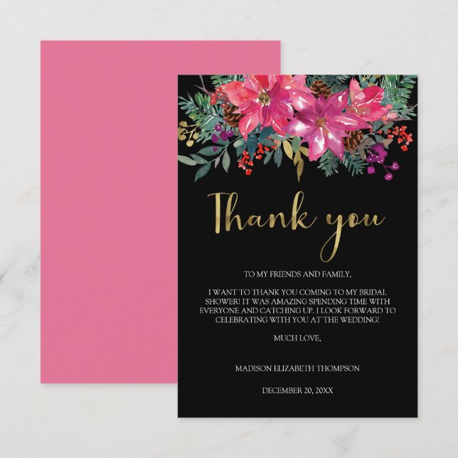 Cartão De Agradecimento Chuva de Noiva Magenta Rosa Natal Poinsettia (Frente/Verso)