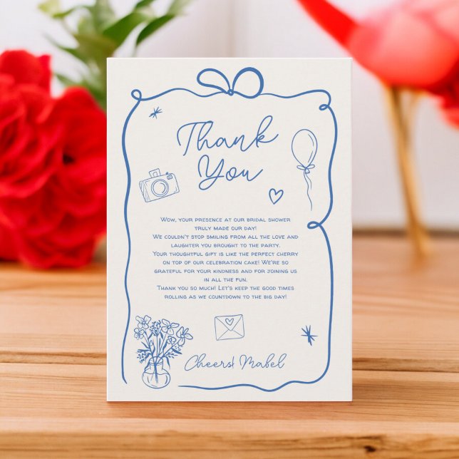 Cartão De Agradecimento Chuva de noiva retro ilustrada à mão em azul (Retro blue hand drawn illustrated bridal shower thank you card)