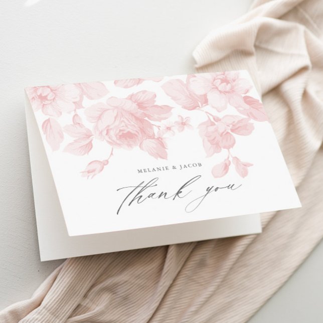 Cartão De Agradecimento Chuva de Noiva Rosa Elegante com Fonte Floral (Elegant floral pink roses bridal shower thank you card.)