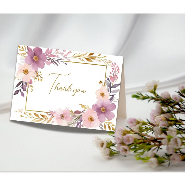 Cartão De Agradecimento Chuva de Noiva Rosa Roxo Dourado Floral Aquarela (Pink purple gold watercolor floral bridal shower wedding thank you card)