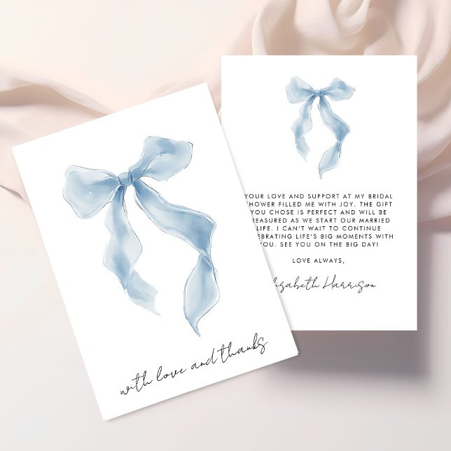 Cartão De Agradecimento Chuva de Noivas em Aquarela com Laço Azul Elegante (Elegant Blue Bow Watercolor Bridal Shower Thank You Card)