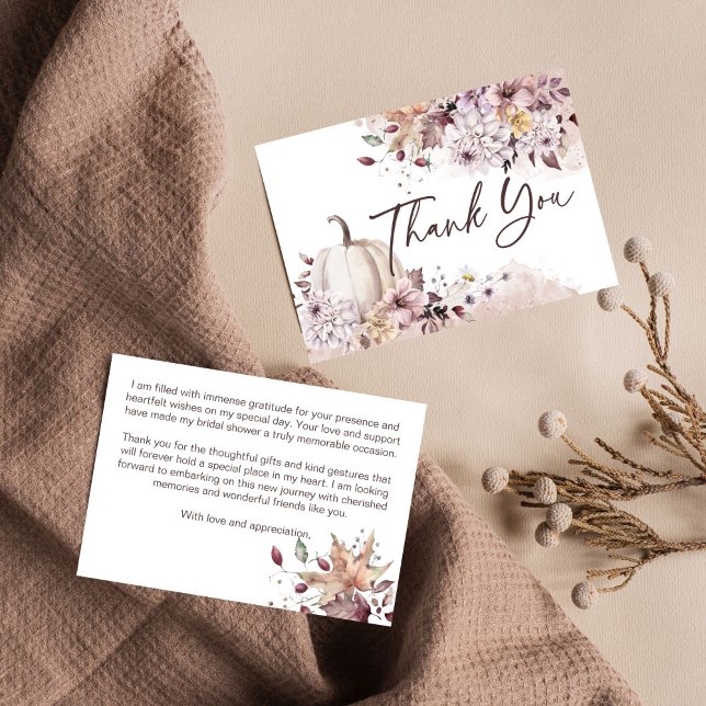 Cartão De Agradecimento Chuva de presentes de casamento boêmio abóbora de  (Fall in love boho pumpkin autumn themed bridal shower thank you card watercolor pastel dahlia )