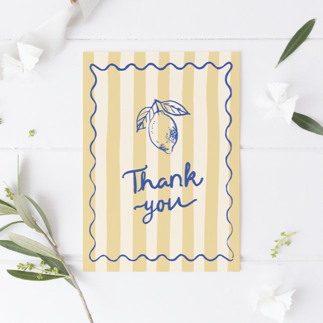 Cartão De Agradecimento Chuva de Presentes de Noiva Italiano Limões La Dol (Bridal Shower Thank You card with yellow striped background, wavy border and lemon illustration)