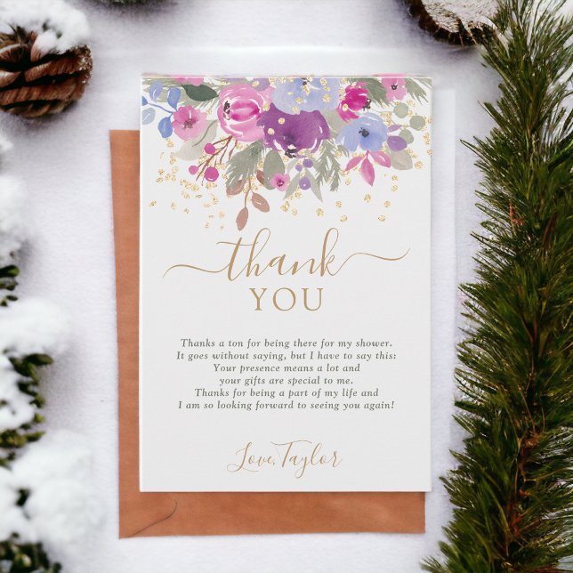 Cartão De Agradecimento Chuva Elegante de Flores de Inverno em Roxo e Dour (Elegant Purple Gold Winter Floral Bridal shower Thank You Card)