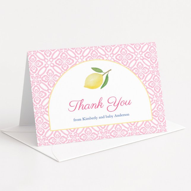 Cartão De Agradecimento Chuveiro de Bebê Arco Feminino Positano Rosa Limão (Pretty pink baby girl shower thank you card design featuring vintage tile print, modern arch & lemon)