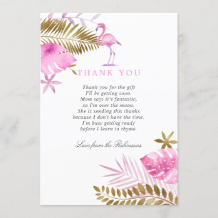 Cartão De Agradecimento Chuveiro de Bebê Flamingo Tropical Rosa e Dourado