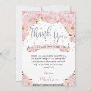 Cartão De Agradecimento Chuveiro de Bebê Rosa Floral Prateado Aniversário