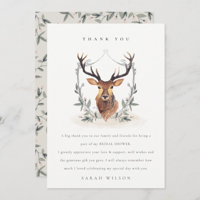 Cartão De Agradecimento Chuveiro de Noiva Floral Elegante Fofo Veado Escur (Frente/Verso)