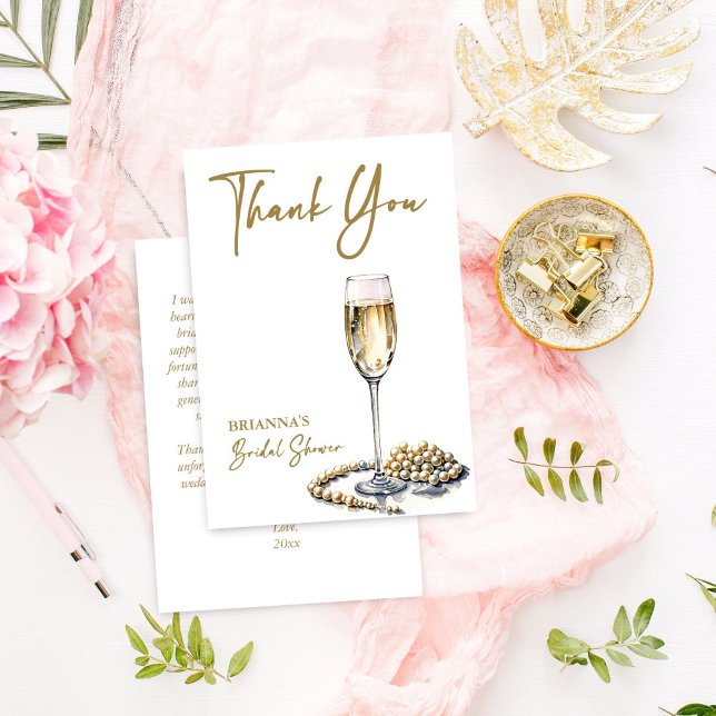 Cartão De Agradecimento Chuveiro de noiva pérolas e prosecco elegante impr (Pearls and prosecco bridal shower elegant thank you cards watercolor champagne glass and pearls)