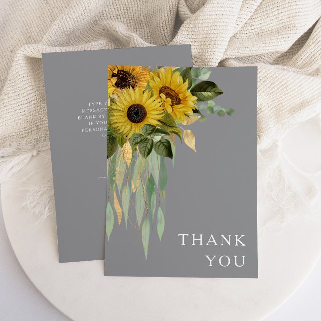 Cartão De Agradecimento Cinza Eucalyptus de girassol Casamento outono amar (Sunflower Eucalyptus Gray Yellow Fall Wedding Thank You Card)