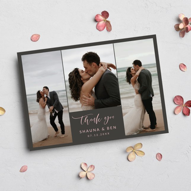 Cartão De Agradecimento Cinza Rosa Vinculado 3 Fotos Casamento Obrigado (Criador carregado)