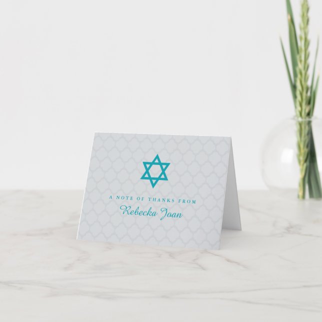 Cartão De Agradecimento Cinza Teal Star de David Bat Mitzvah Obrigado (Frente)