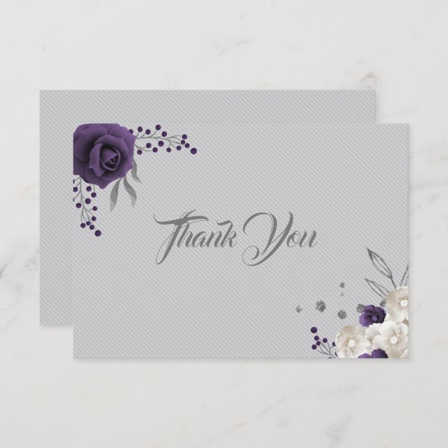 Cartão De Agradecimento Cinzas de prata de flores brancas roxas e poeirent (Frente/Verso)