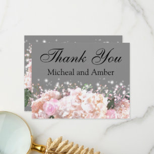 Cartão De Agradecimento Cinzas românticas e rendas brancas hidrangeas rosa