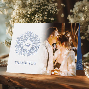 Cartão De Agradecimento Círculo das folhas, fotos de casamento azuis
