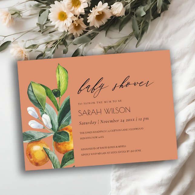 Cartão De Agradecimento Citrus Orange Botantic Rust Chá de fraldas Invite (Criador carregado)
