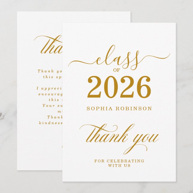 Cartão De Agradecimento Class of 2026 Gold Script Graduation Thank You (Frente/Verso)