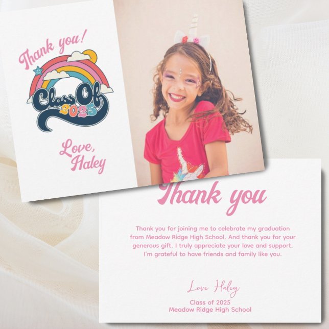 Cartão De Agradecimento Classe de graduação retrô-arco-íris rosa 2025 (Class of 2025 Retro Rainbow Pink Graduation Thank You Card
)
