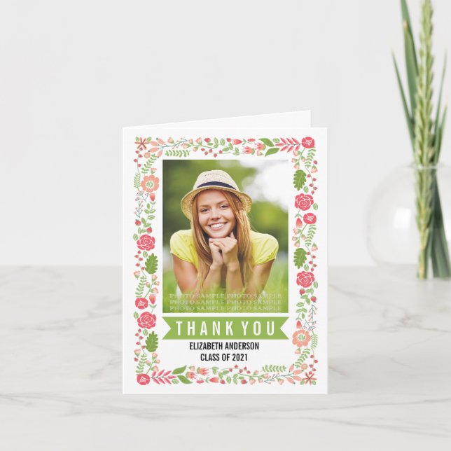 Cartão De Agradecimento Classe Floral de Fronteira de Graduação 2021 Obrig (Frente)