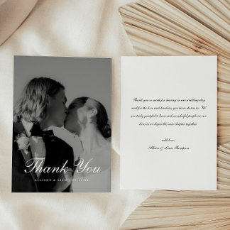 Cartão De Agradecimento Classic Black & White Script Wedding Photo