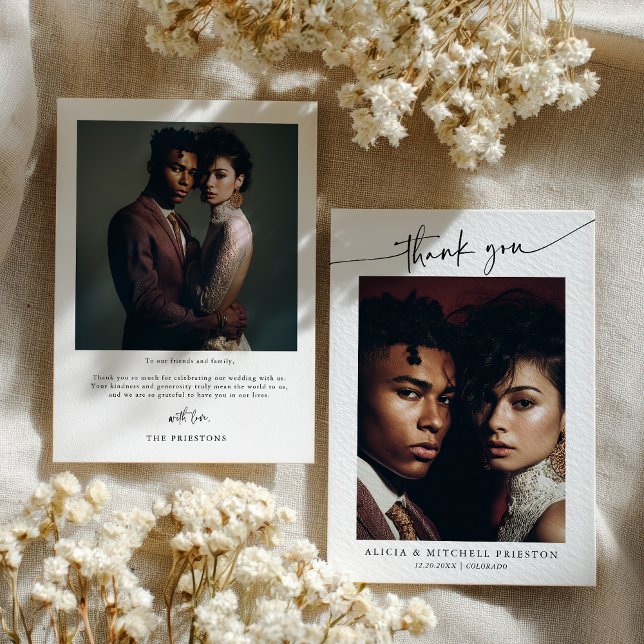 Cartão De Agradecimento Classic Boho Minimalist Script Wedding Photo (Classic Boho Minimalist Script Wedding Photo Thank You Card)