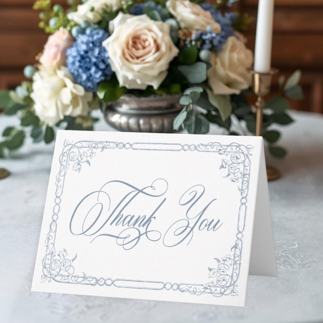 Cartão De Agradecimento Classic Elegant Dusty Blue Floral Frame Wedding (Classic Elegant Blue Floral Frame Photo Wedding Thank You Card)