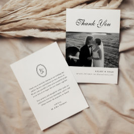 Cartão De Agradecimento Classic Monogram Script Black White Wedding Photo