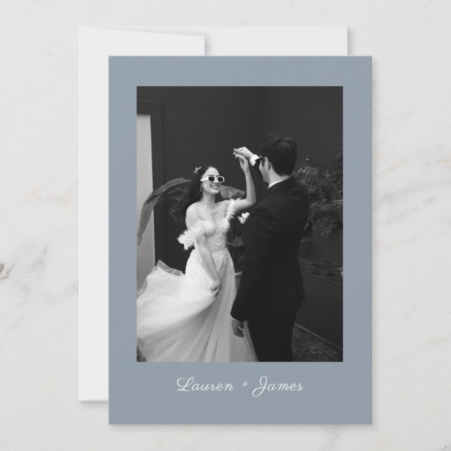 Cartão De Agradecimento Classic Script Dusty Blue Wedding Photo Thank You (Frente)