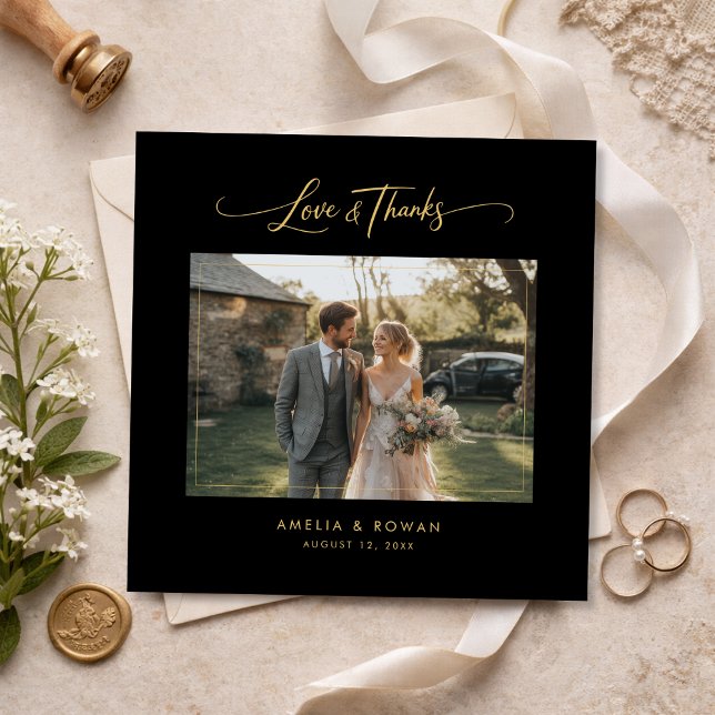 Cartão De Agradecimento Classic Script Formal Wedding Photo Square (Criador carregado)