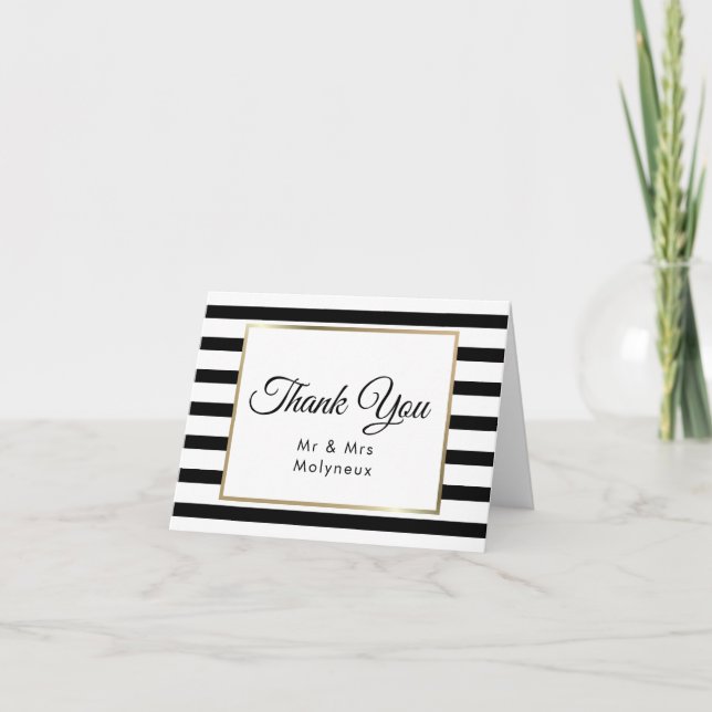 Cartão De Agradecimento Classic Stripe Wedding | Faux Gold Foil Thank You (Frente)
