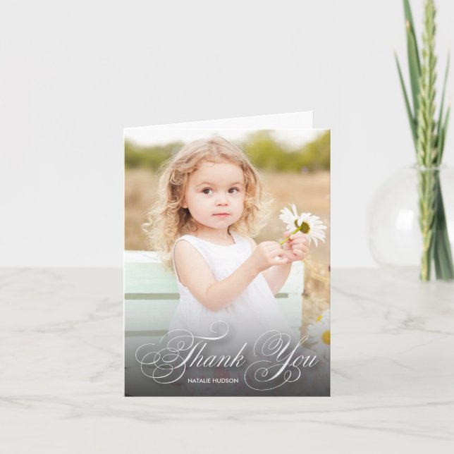 Cartão De Agradecimento Classic Swirly Script Black With Photo | Thank You (Frente)