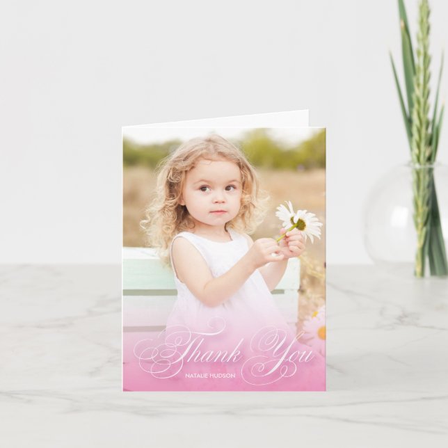 Cartão De Agradecimento Classic Swirly Script Pink With Photo | Thank You (Frente)