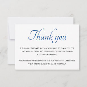 Cartão De Agradecimento Clássico Azul Branco Obrigado Memorial Funeral