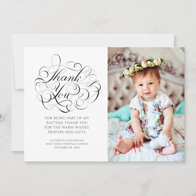Cartão De Agradecimento Clássico caligrafia Foto Baptismo Obrigado (Frente)
