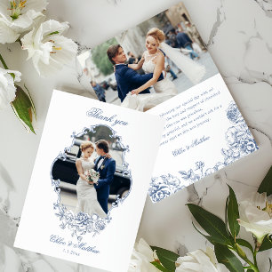 Cartão De Agradecimento Clássico Casamento Floral em Azul Poeirento Elegan