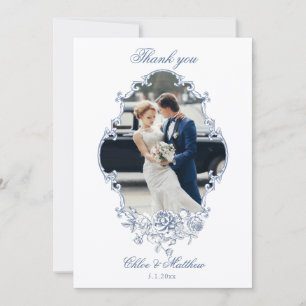 Cartão De Agradecimento Clássico Casamento Floral em Azul Poeirento Elegan
