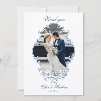 Cartão De Agradecimento Clássico Casamento Floral em Azul Poeirento Elegan