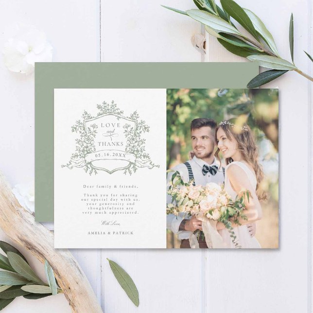 Cartão De Agradecimento Clássico Floral Crest Green - Foto de casamento ve (Criador carregado)
