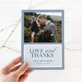 Cartão De Agradecimento Clássico Luxo | Foto de casamento em azul poeirent
