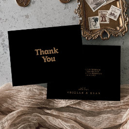 Cartão De Agradecimento Clássico Minimalista Preto e Dourado Casamento